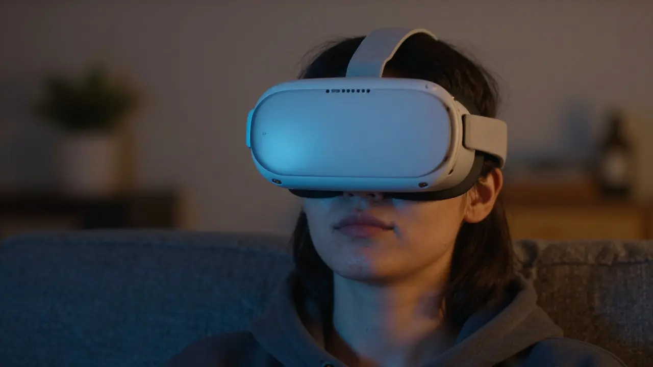 Person wearing a modern VR headset in a dimly lit room, illuminated by soft blue light