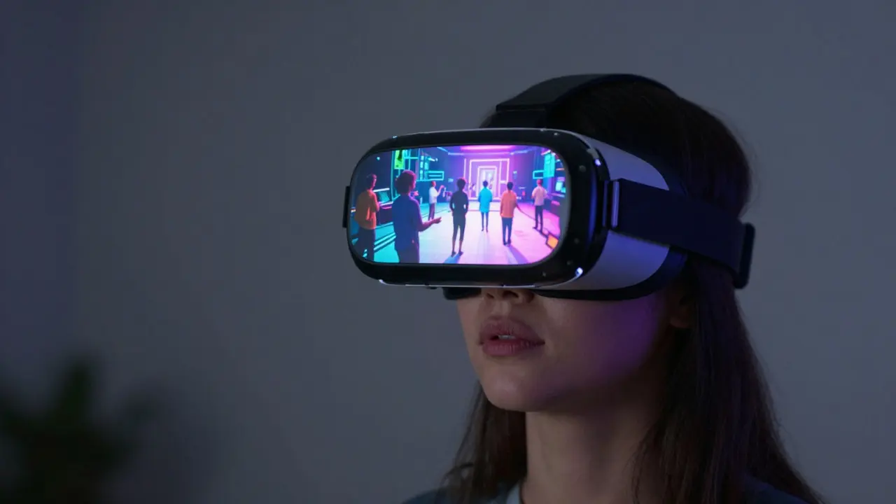 Person wearing a VR headset seeing a vibrant virtual community in a dark room