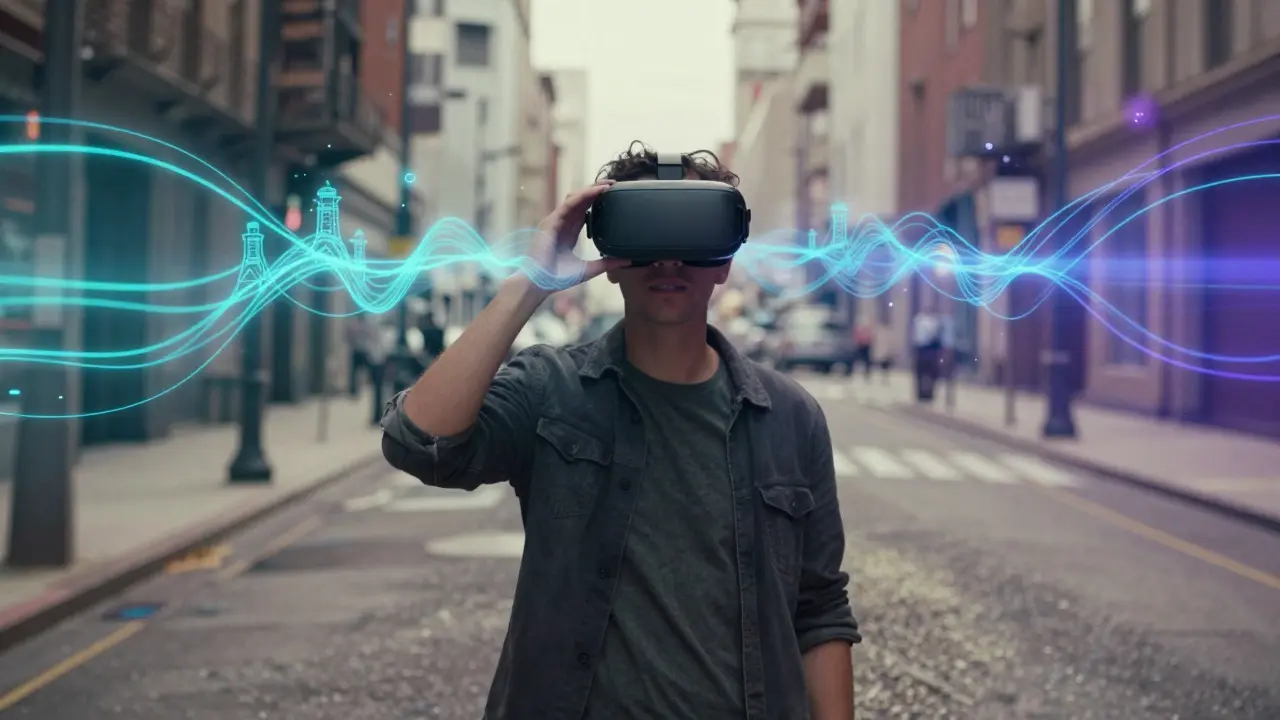 Person wearing VR headset seeing digital overlays on a city street