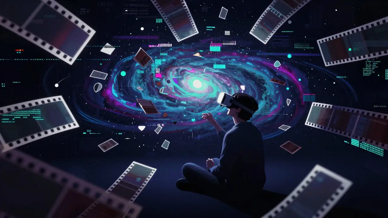 Person wearing VR headset surrounded by floating film strips and digital glitches