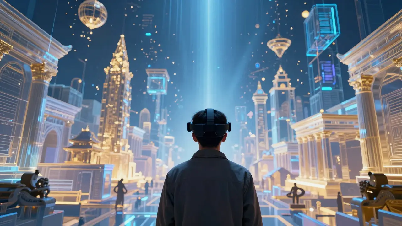 Person wearing VR headset viewing a holographic reconstruction of an ancient city
