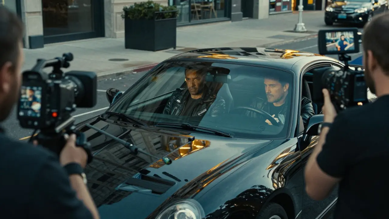 Photo double in a car allowing simultaneous filming of interior and exterior shots