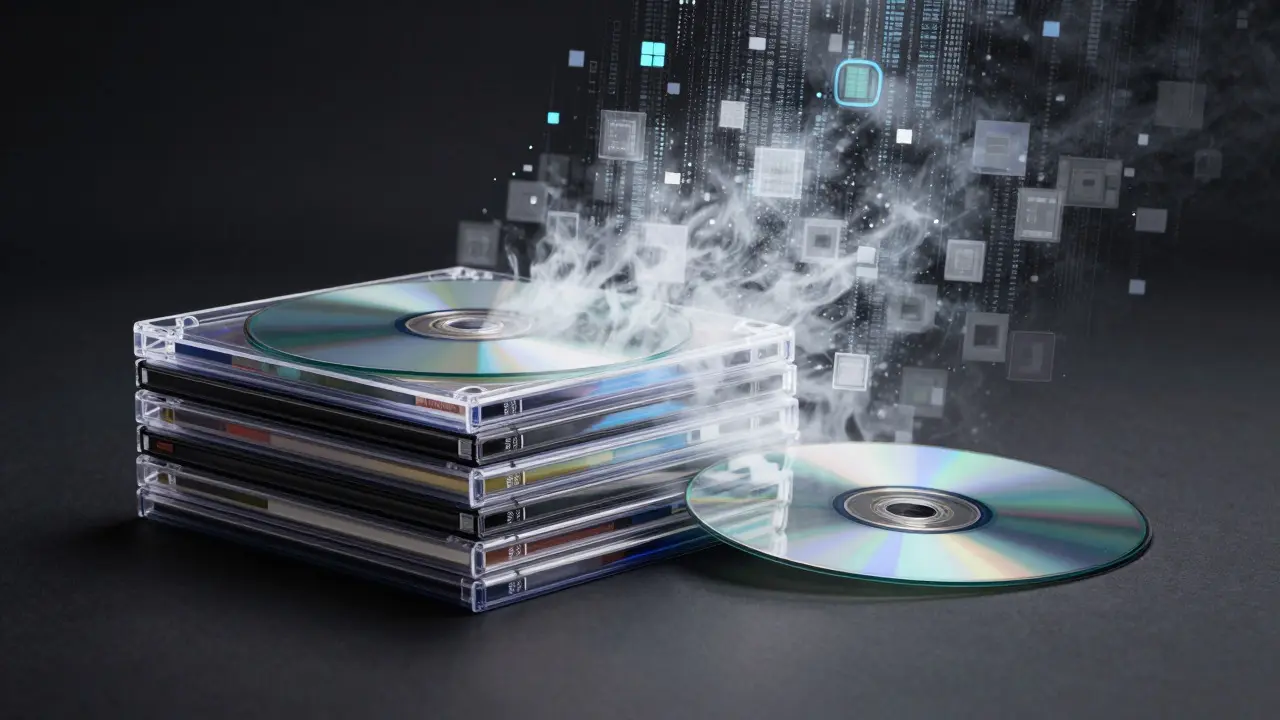 Physical DVDs emerging from a cloud of digital pixels symbolizing ownership