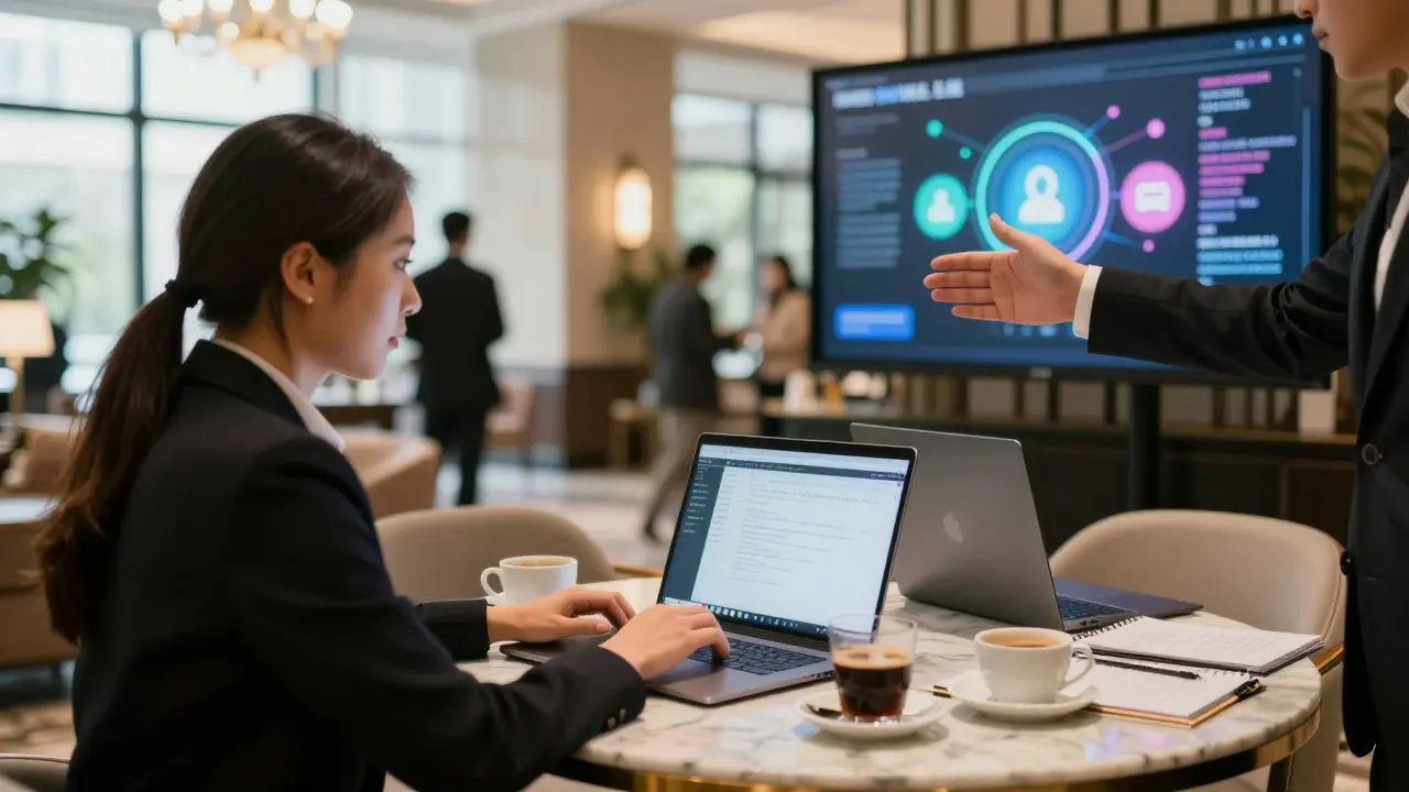 PR team coordinating strategy in a hotel lobby war room with laptops and coffee