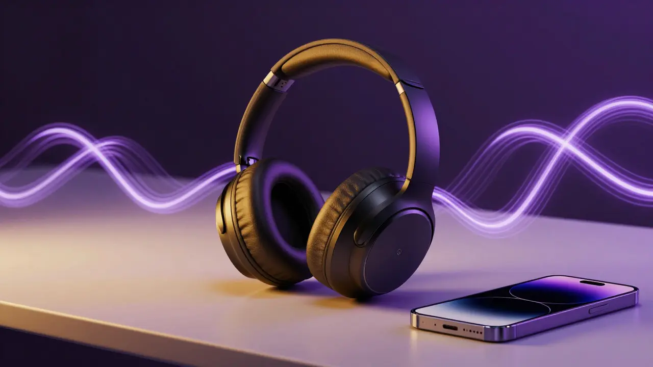 Premium headphones on a desk surrounded by flowing light ribbons representing spatial sound waves