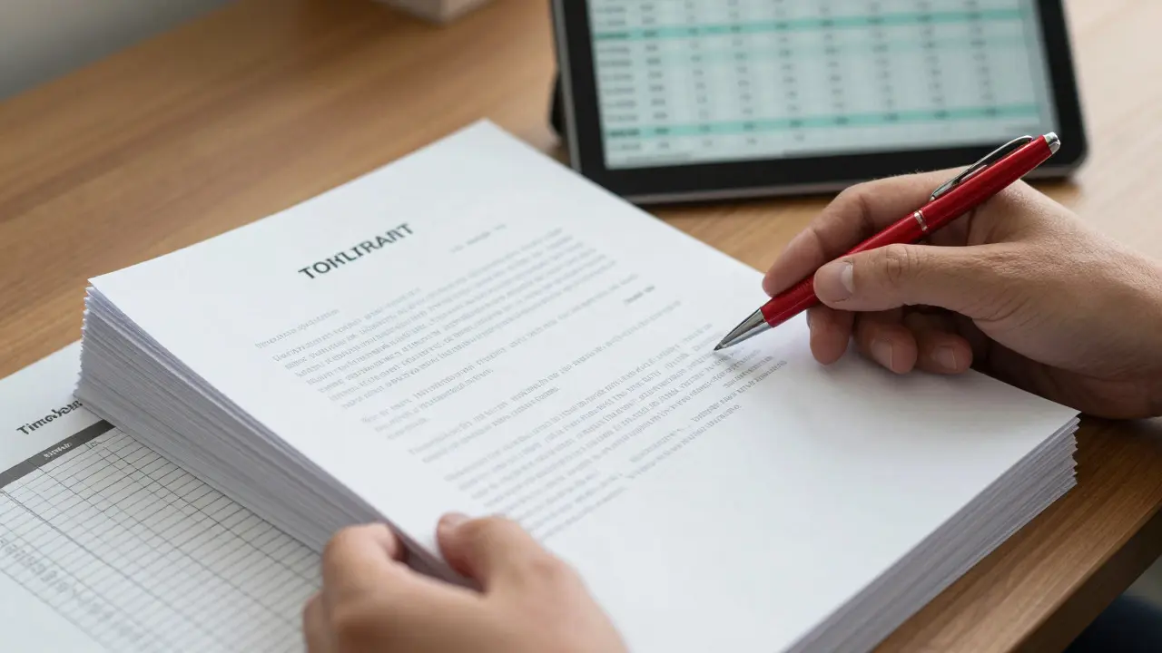 Producer's hands reviewing detailed contracts and time logs on a desk with a tablet nearby