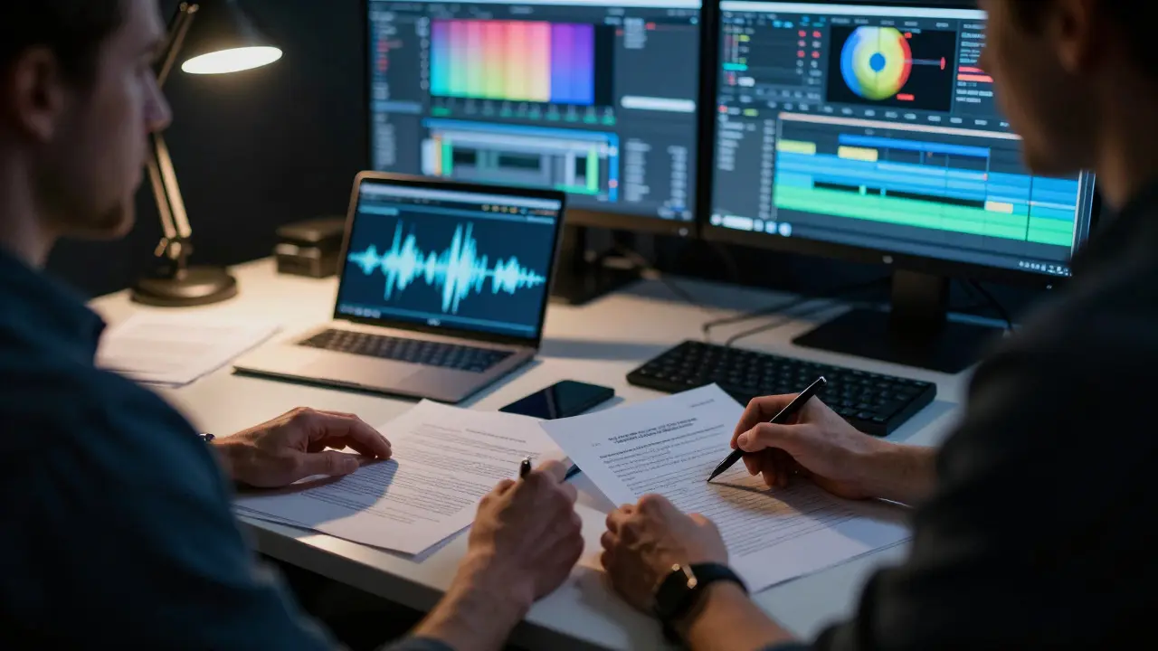 Producer reviewing contracts in a dimly lit post-production room with glowing screens