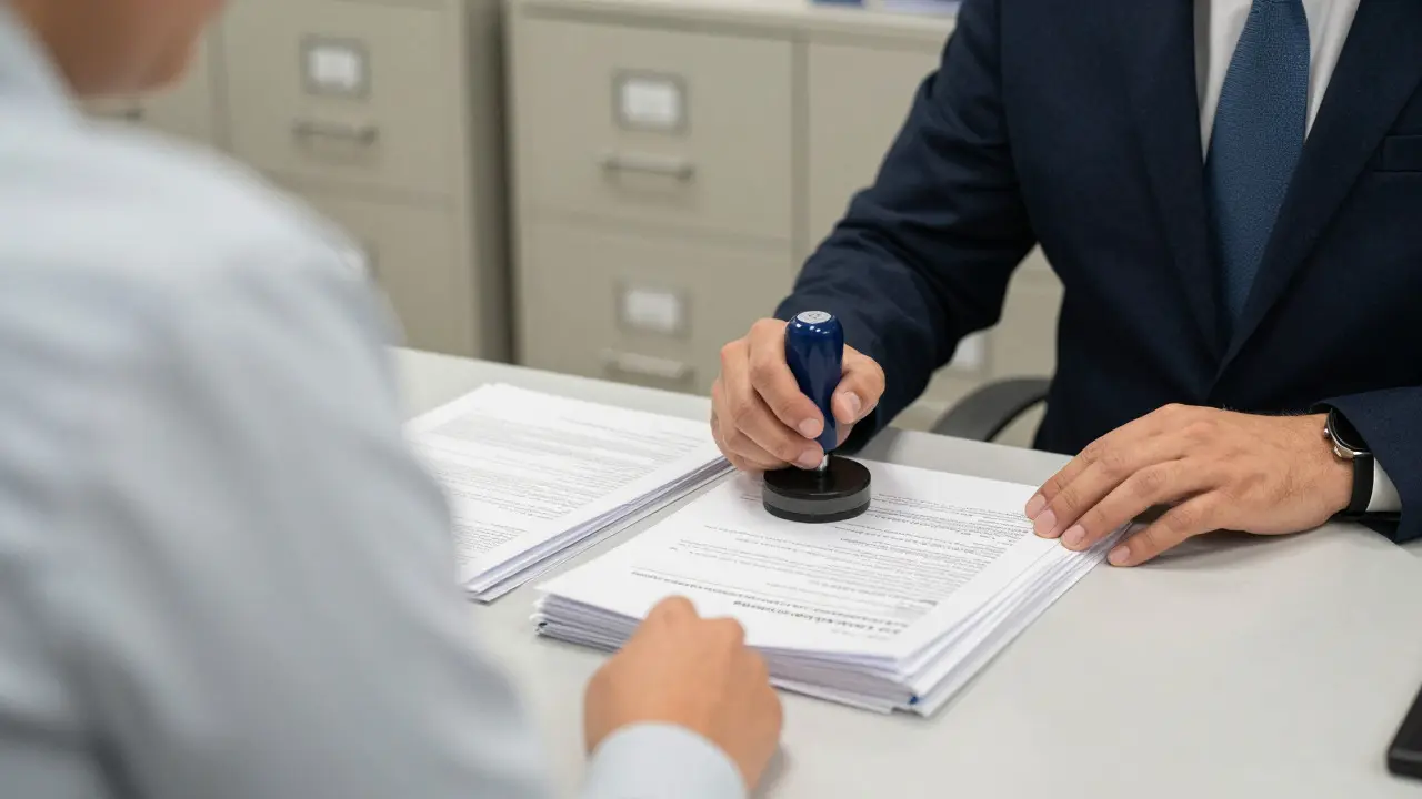 Producer reviewing permit paperwork with a municipal clerk in an office