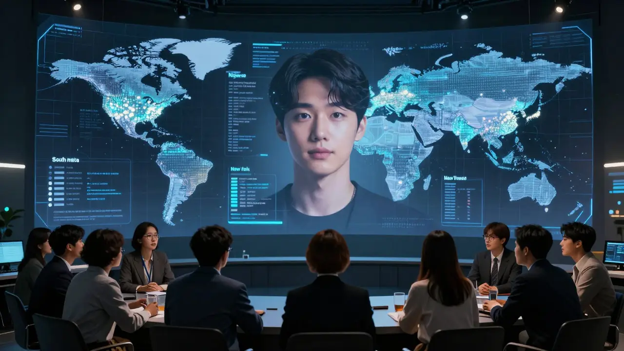 Producers reviewing global casting data in a high-tech control room
