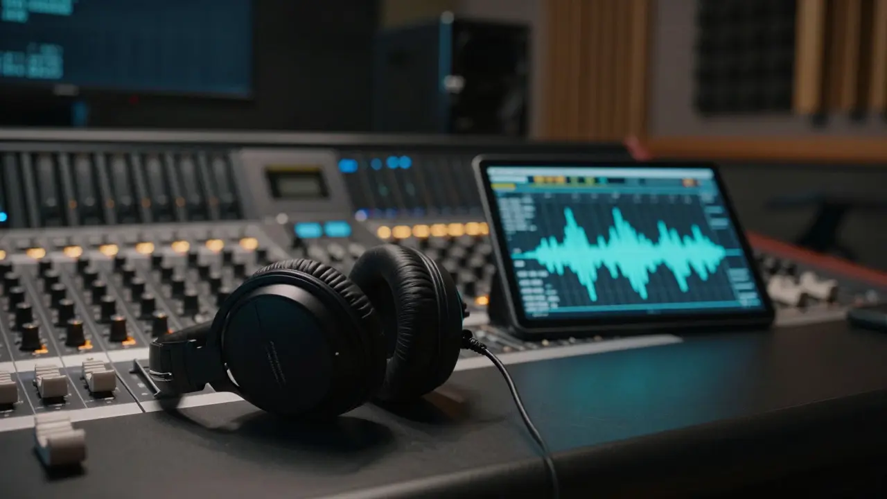 Professional audio mixing equipment in a dark studio setting
