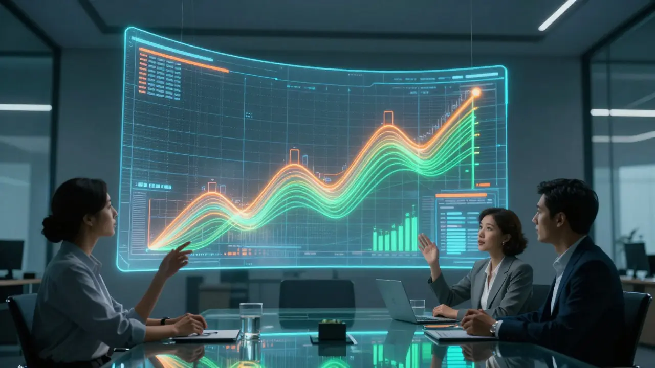 Professionals analyzing abstract holographic data trends in a modern, dimly lit office