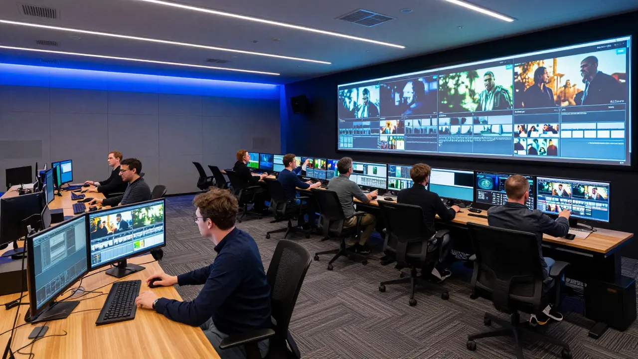 Professionals collaborating in a modern post-production studio in Dublin