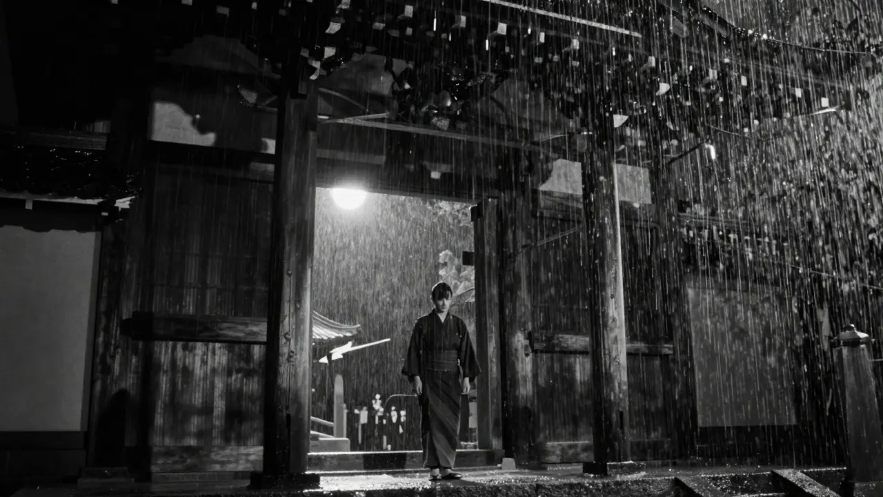 Rain-soaked temple entrance at night in high-contrast black-and-white style