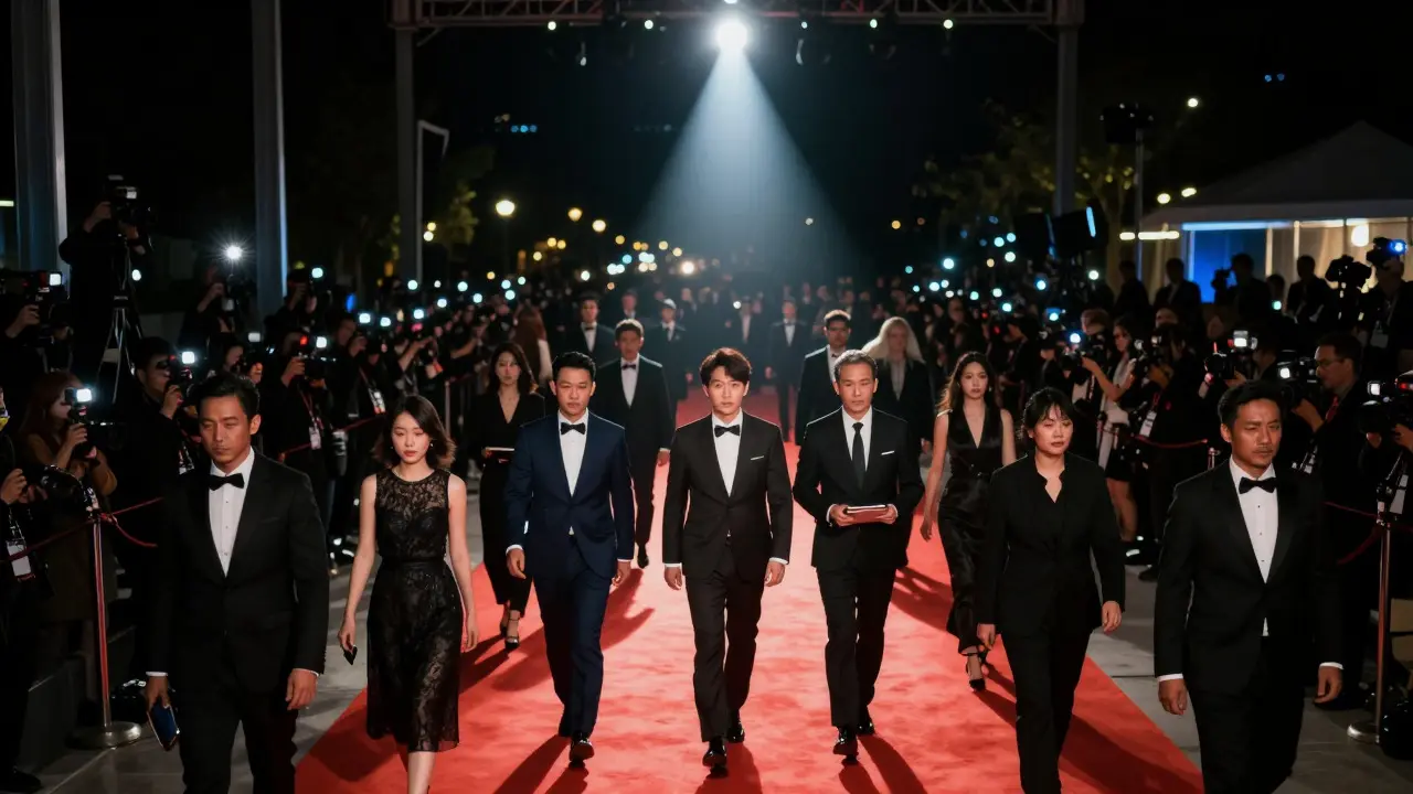 Red carpet crowd under a spotlight during an awards season event