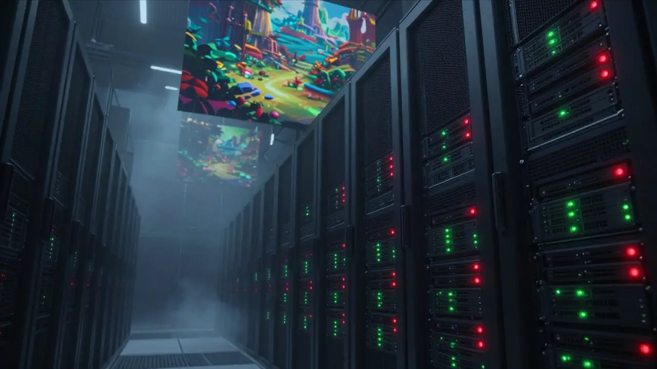 Rows of glowing server racks in a data center processing animation renders