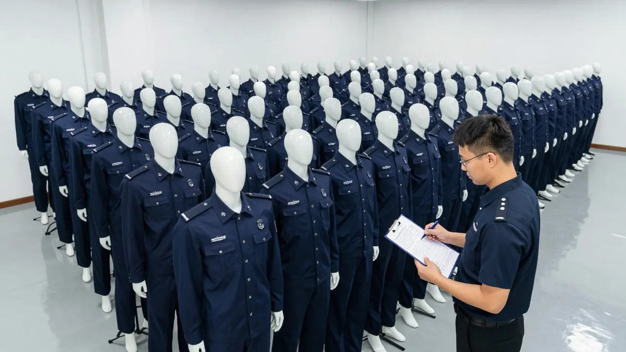 Rows of identical navy blue security uniforms displayed on mannequins in a rental warehouse
