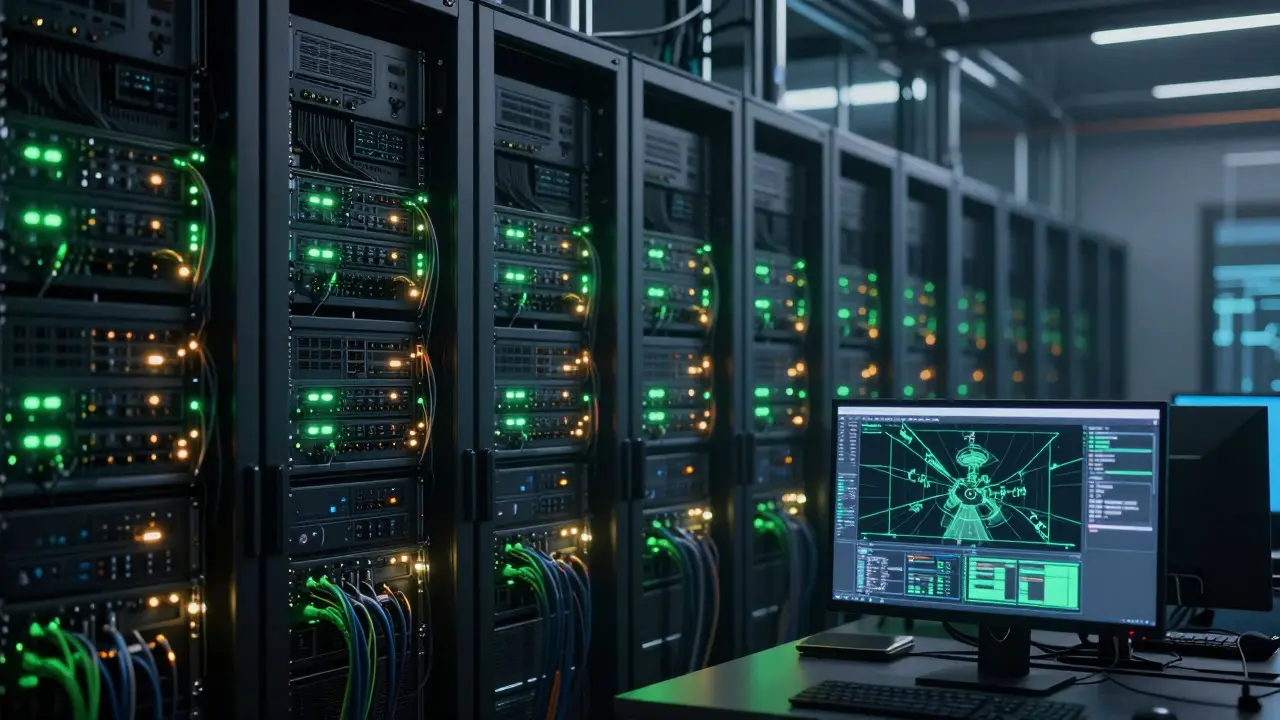 Rows of server racks with blinking lights in a data center