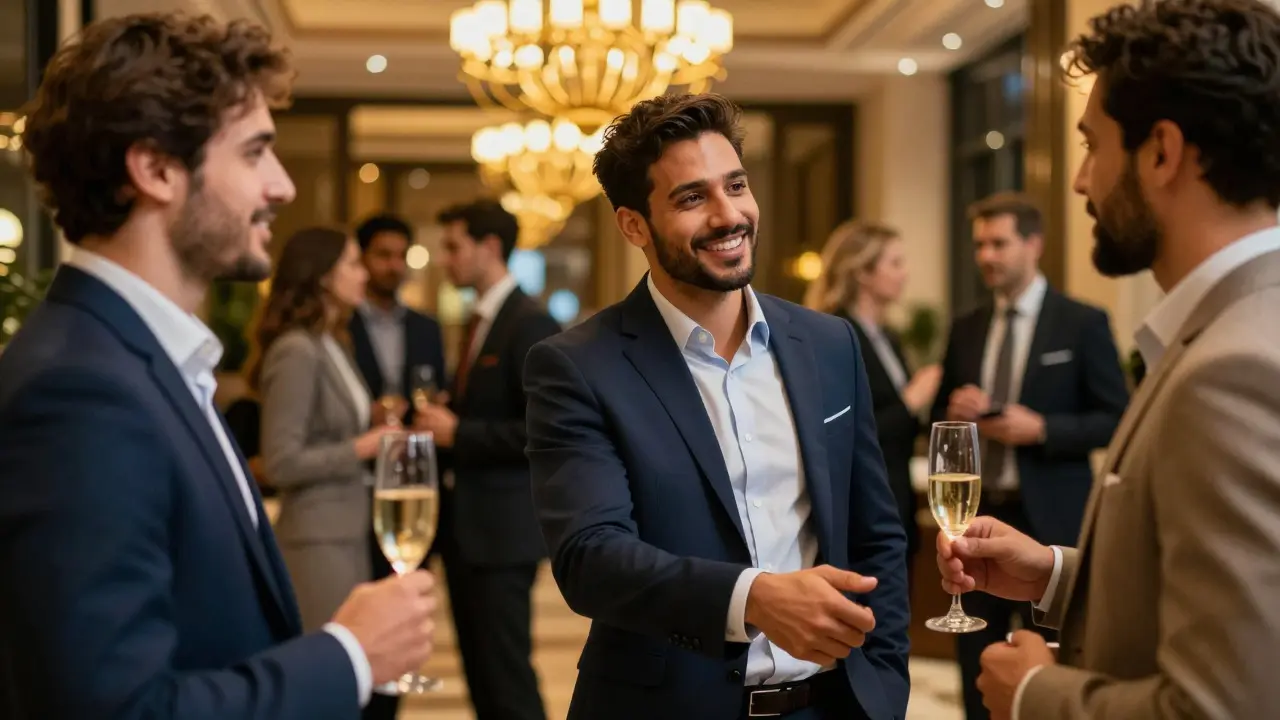 Sales agent shaking hands with buyers at a formal networking event