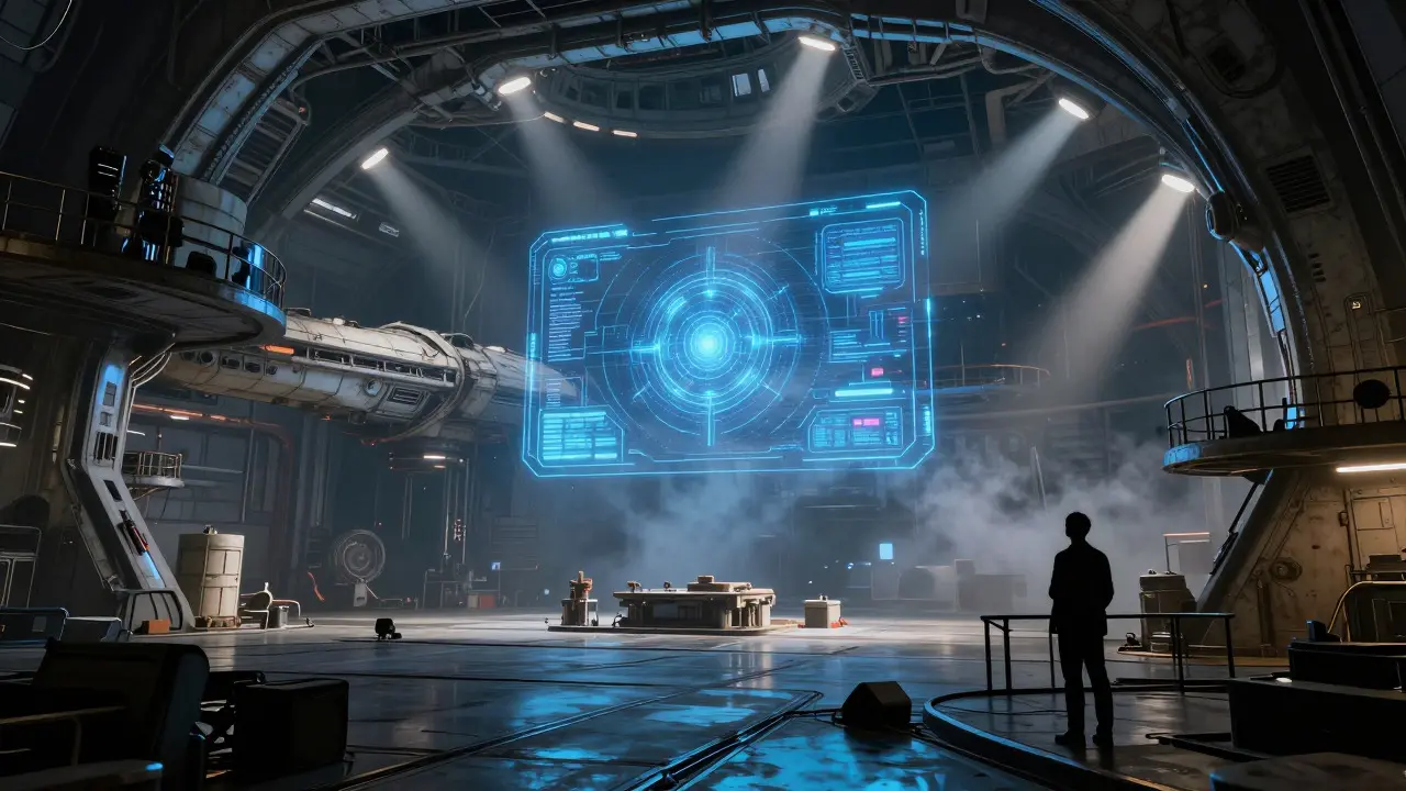 Sci-fi hangar blending practical sets with glowing digital interfaces