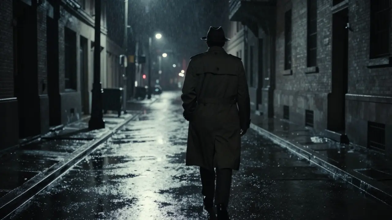 Silhouette of a man in a trench coat walking into dark city shadows
