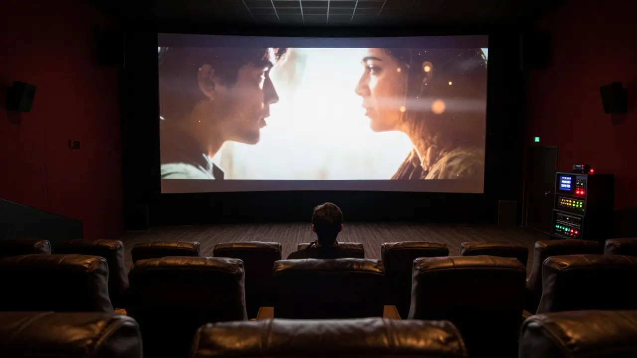 Silhouette of a person in a dark cinema reviewing a film mix with professional audio equipment nearby