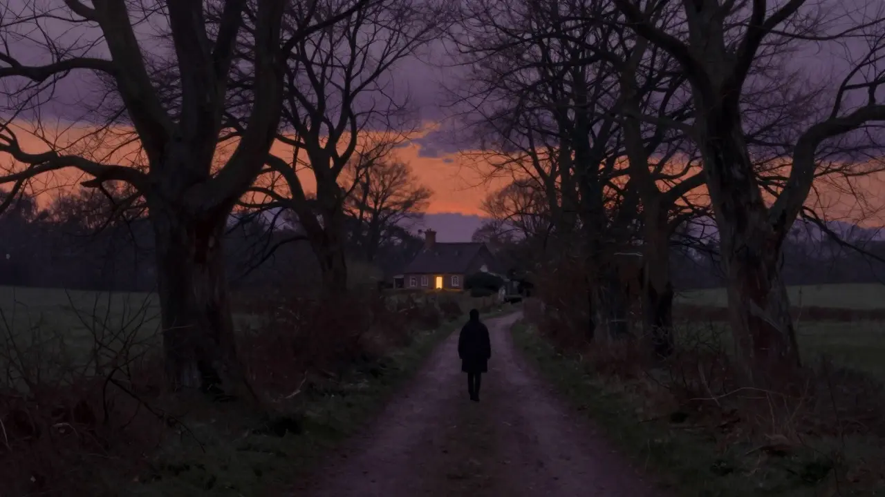 Silhouette of a person walking into a dark, twisted forest at dusk