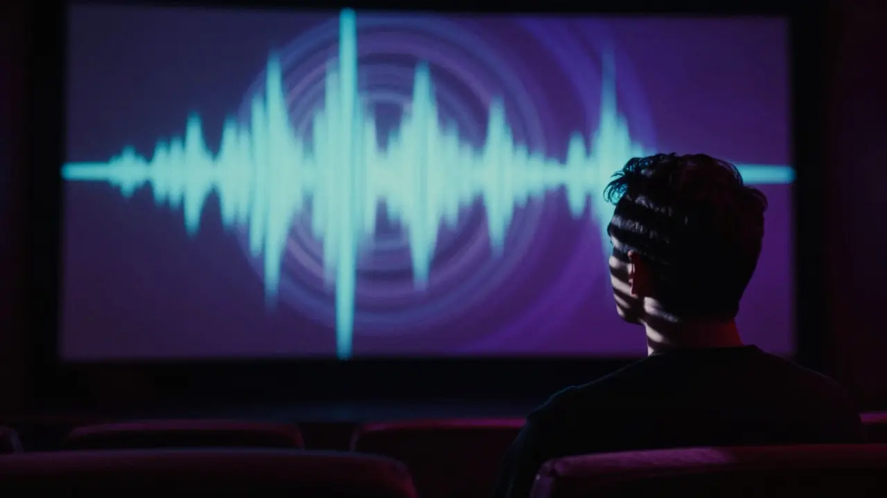 Silhouette of a viewer watching abstract light patterns on a movie theater screen