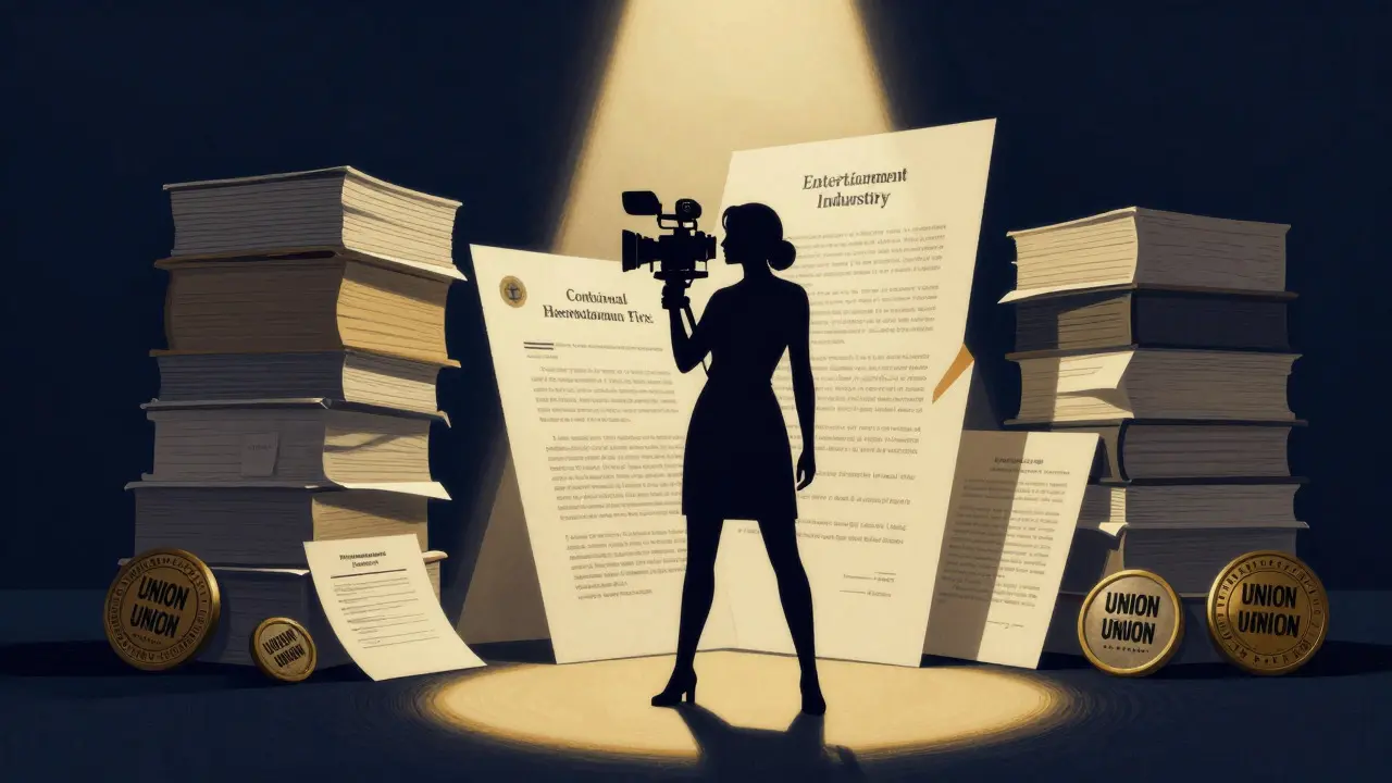 Silhouette of a woman filmmaker before a tower of contracts and union badges