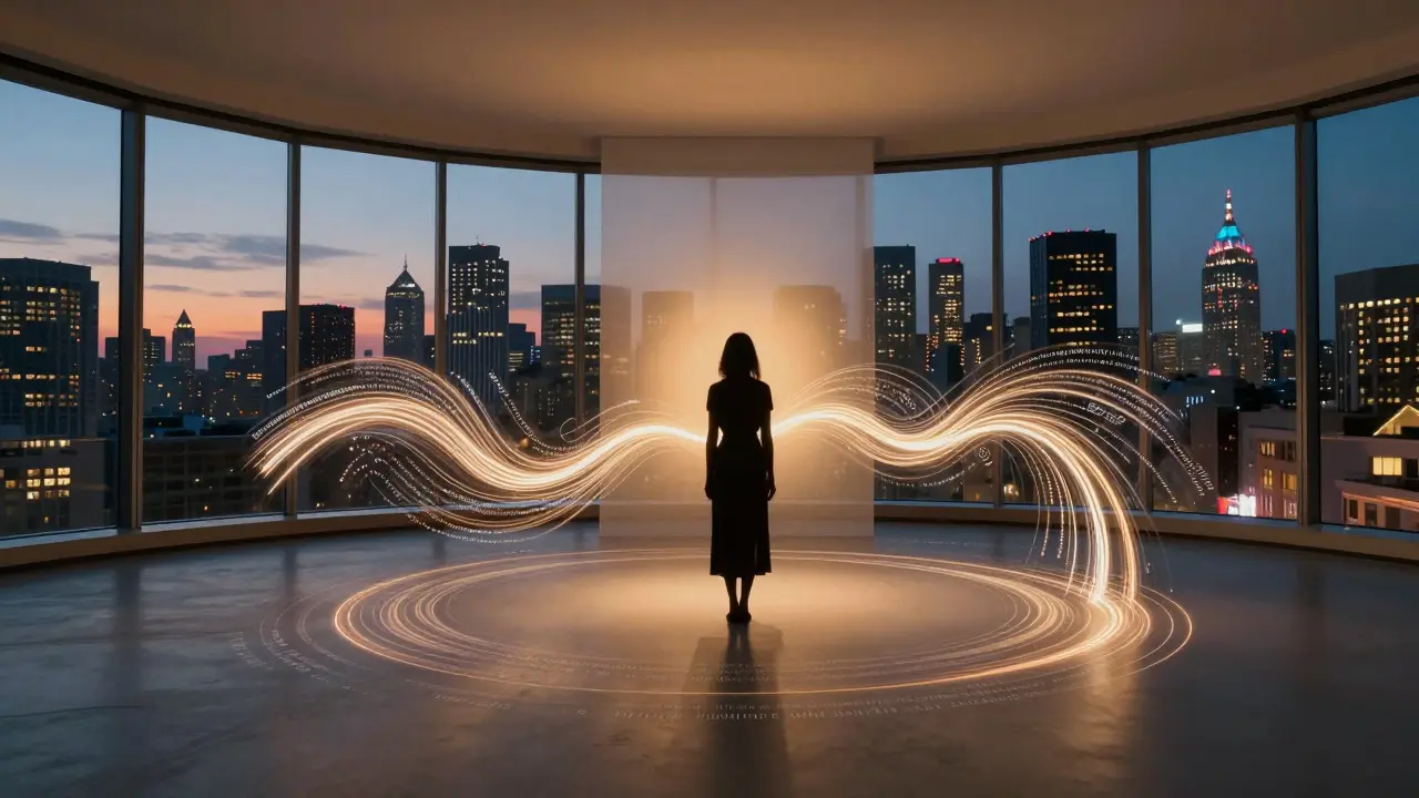 Silhouette of a woman surrounded by glowing light streams representing global stories