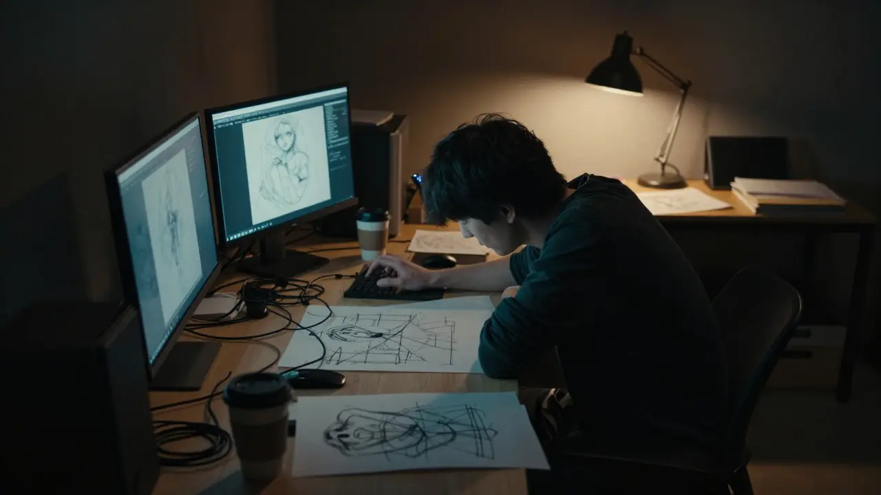 Silhouette of an artist working in a cluttered, dimly lit studio at night