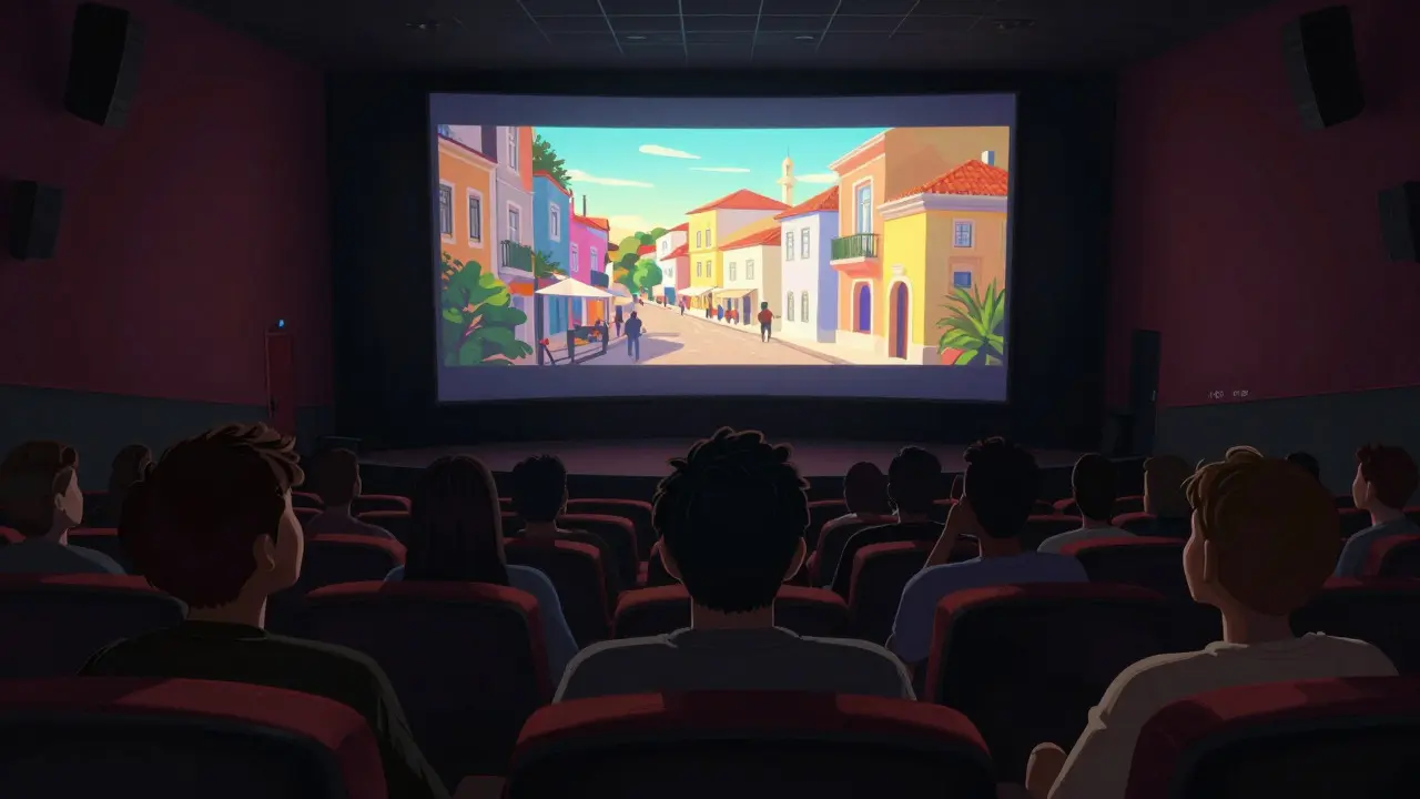 Silhouetted audience watching a vibrant film on a large screen in a dark cinema