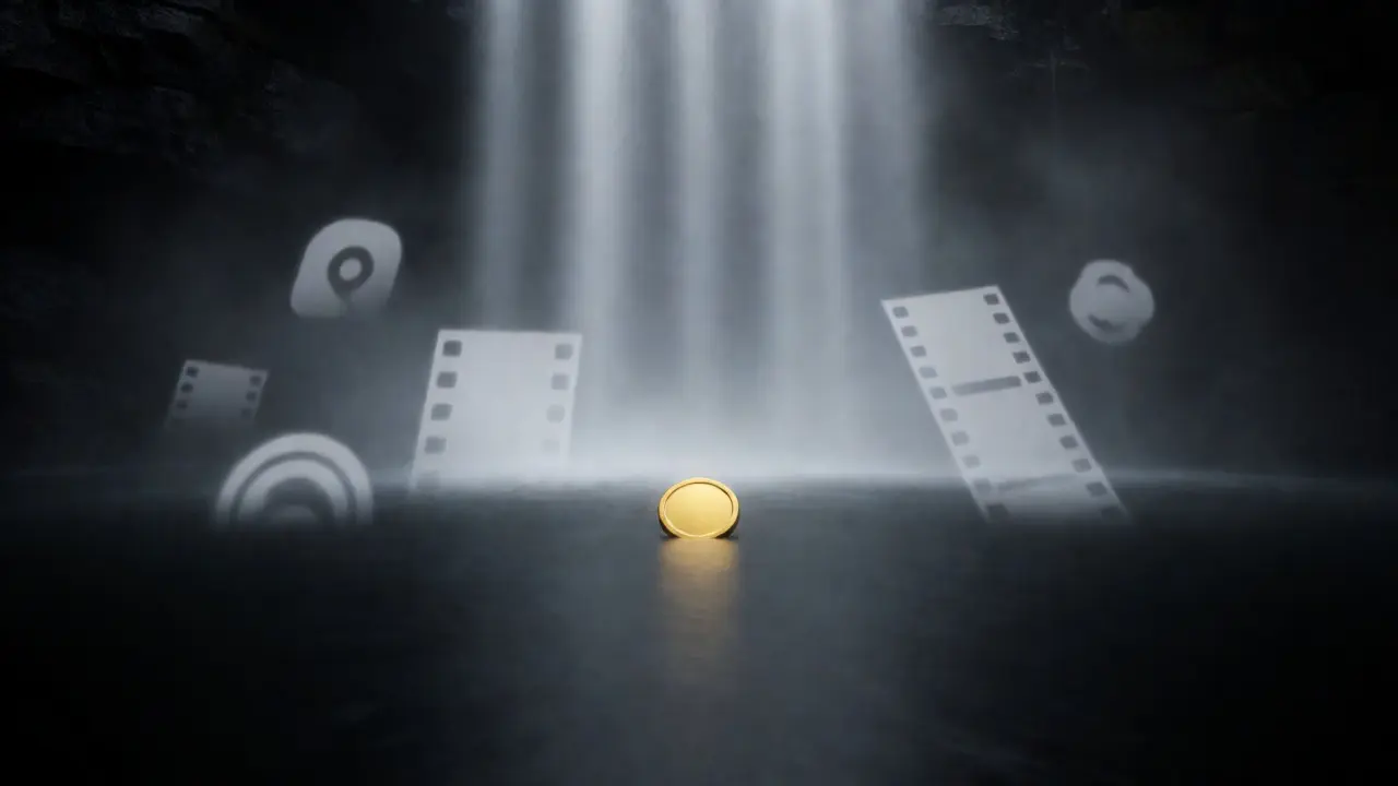 Single gold coin at the base of a dark waterfall, symbolizing final net profits and patience.