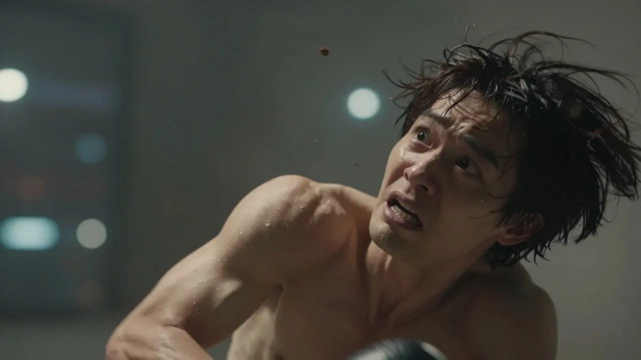 Slow-motion shot of a desperate character stumbling backward during a fight.