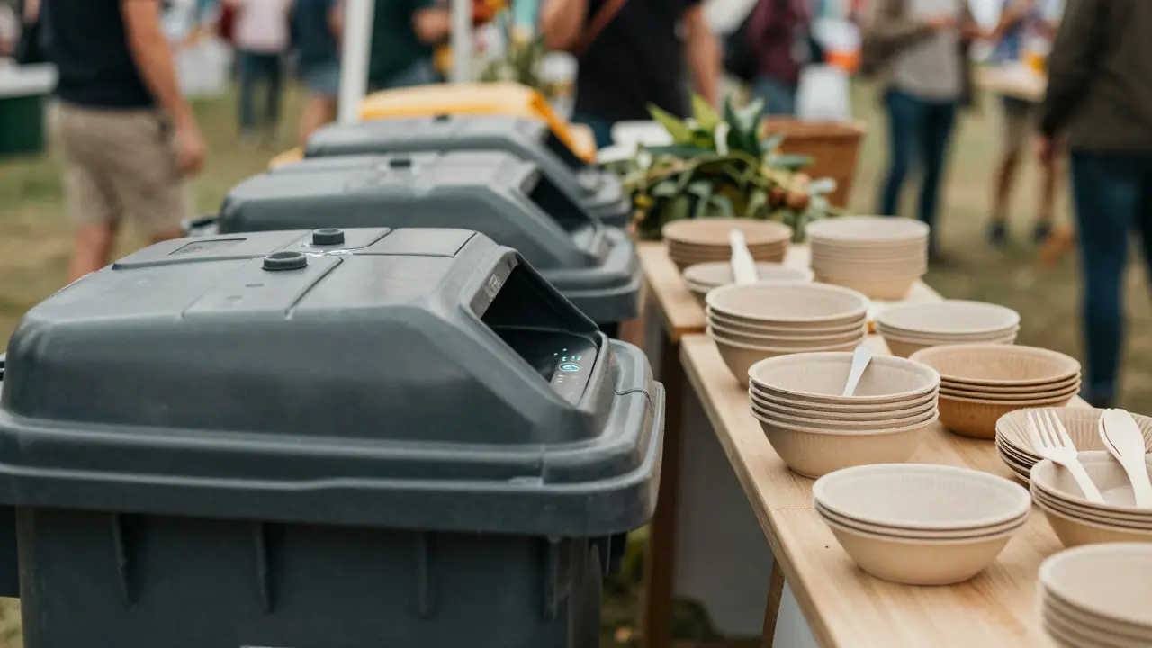 Smart composting bins and plant-based serviceware at a sustainable food stall