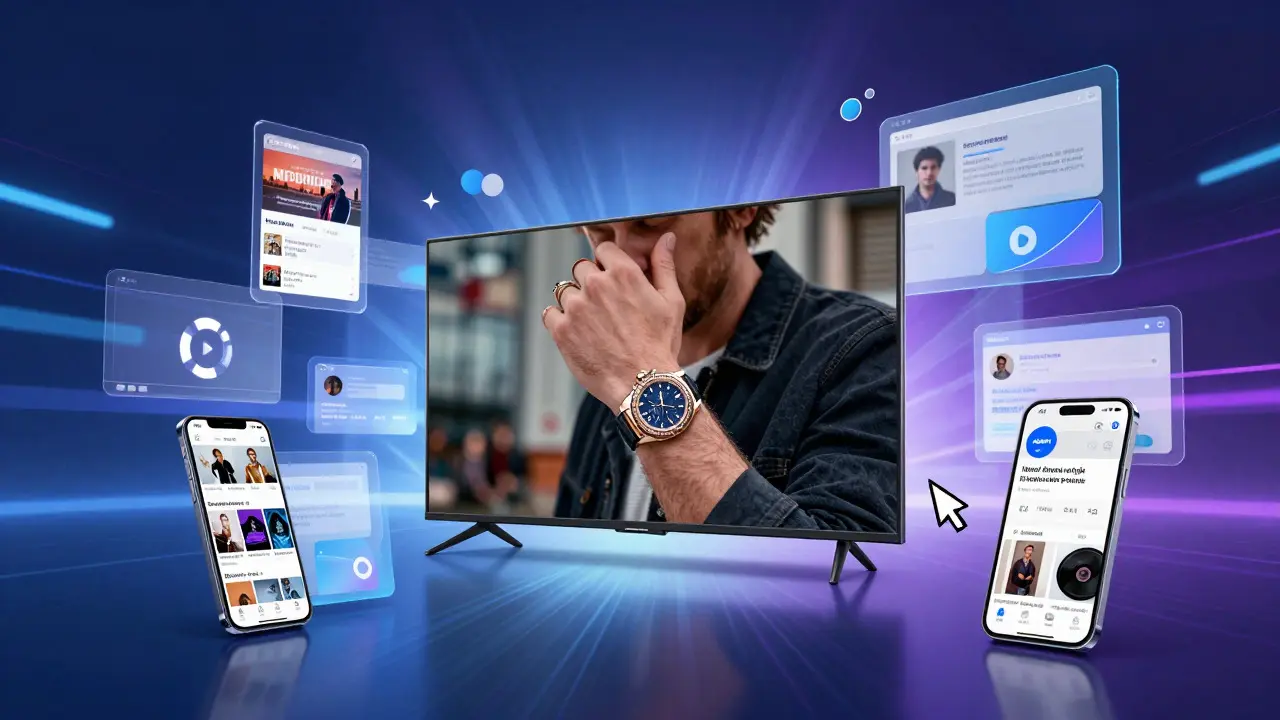 Smart TV displaying a movie scene surrounded by holographic social media interfaces