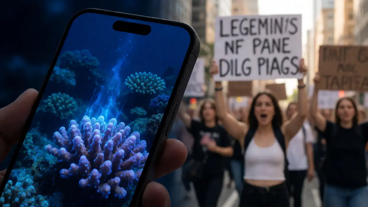 Smartphone showing coral reef clip beside street protesters