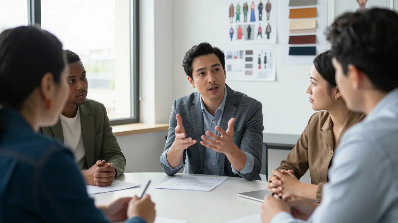 Sociocultural expert teaching body language nuances to actors in a meeting