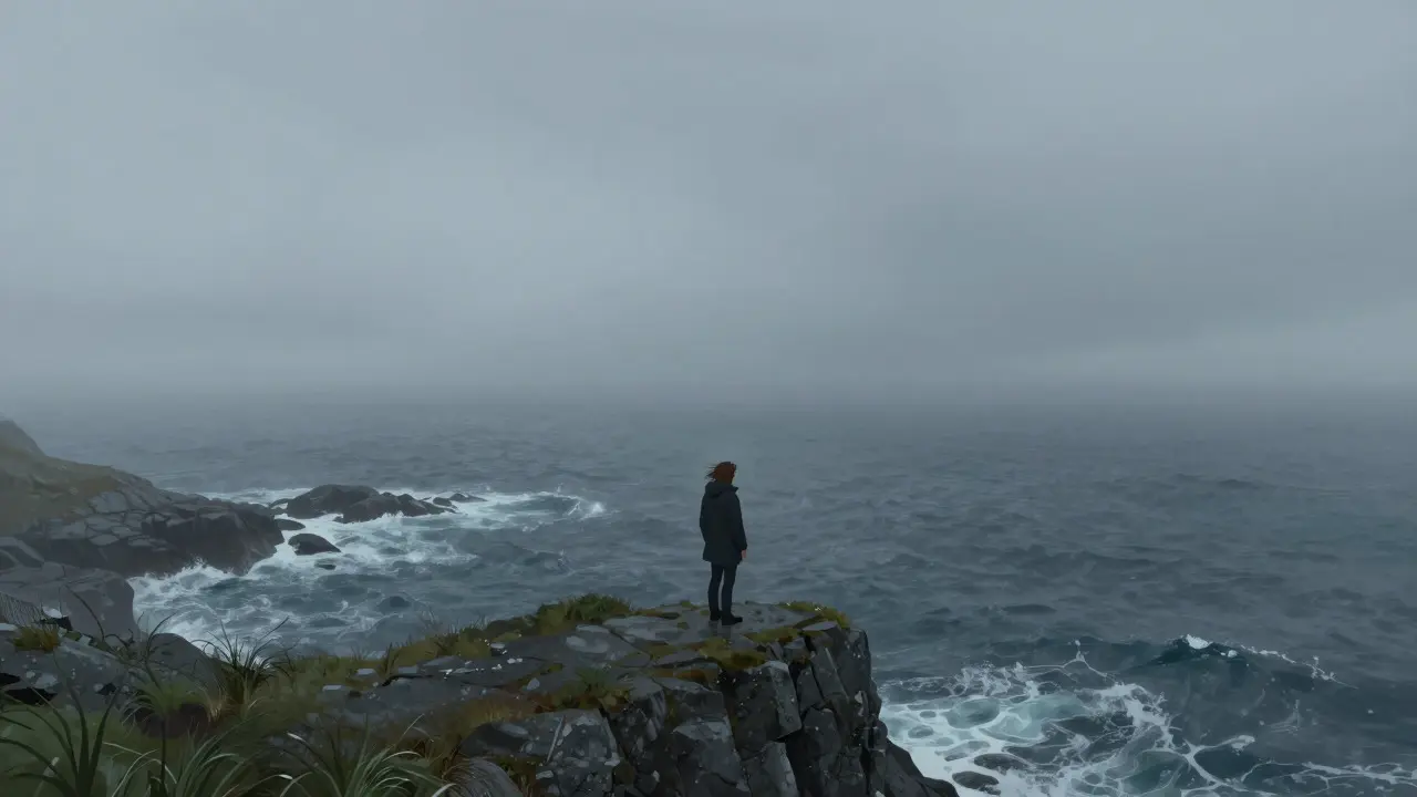 Solitary figure on a misty Norwegian cliff overlooking the ocean