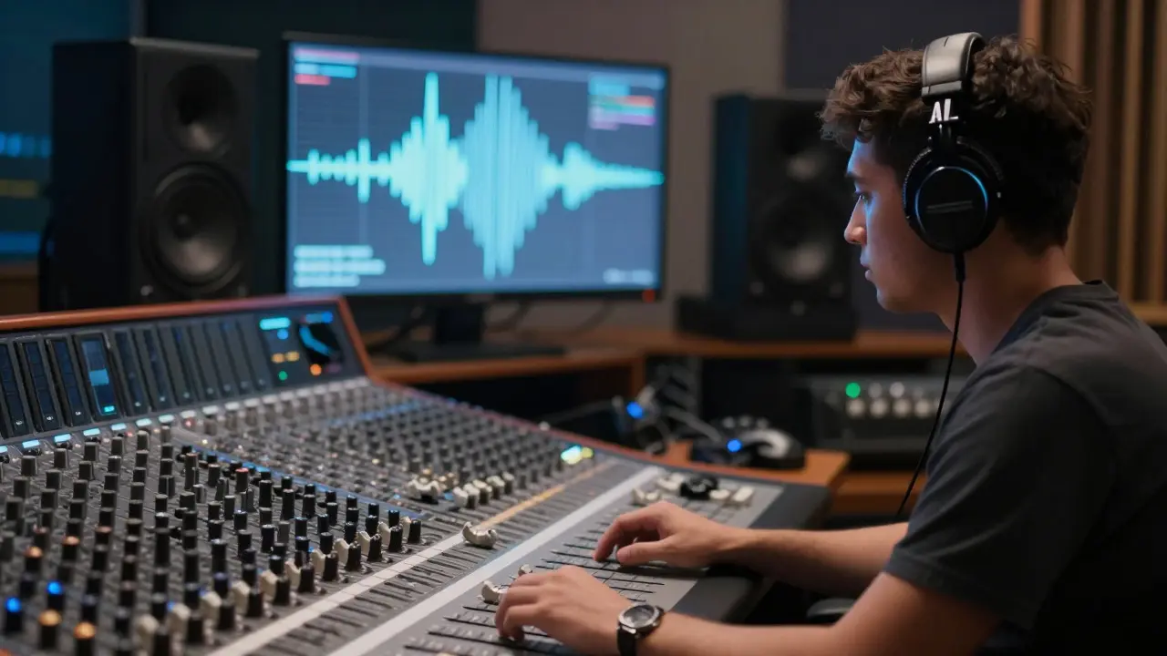 Sound engineer working on audio localization in a modern studio