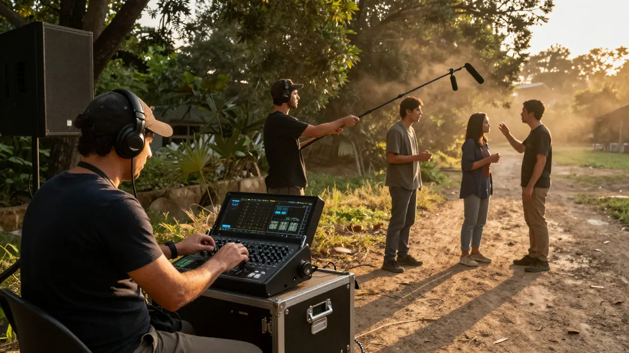 Sound mixer and boom operator working together on an outdoor film set during sunset