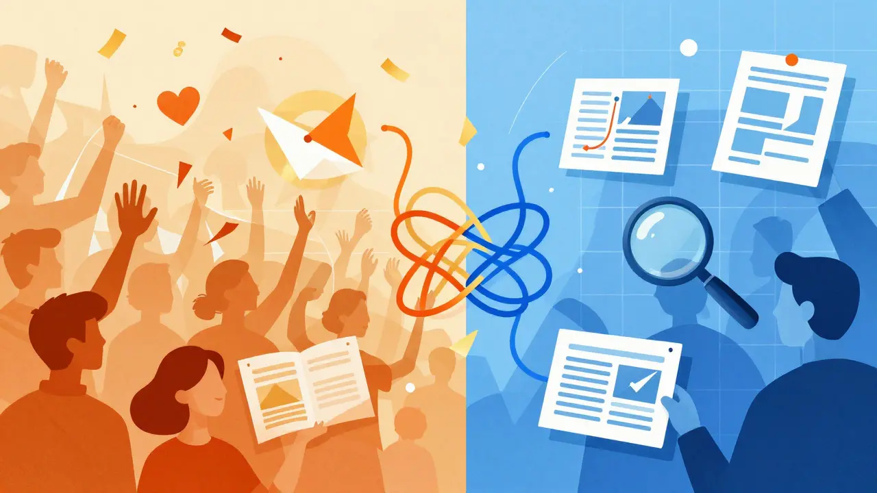 Split illustration contrasting warm fan enthusiasm with cool critical analysis
