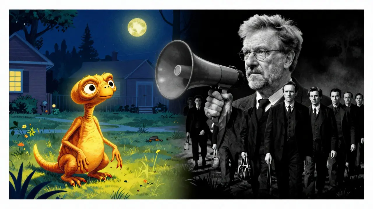 Split illustration showing Spielberg's shift from colorful wonder to black-and-white drama