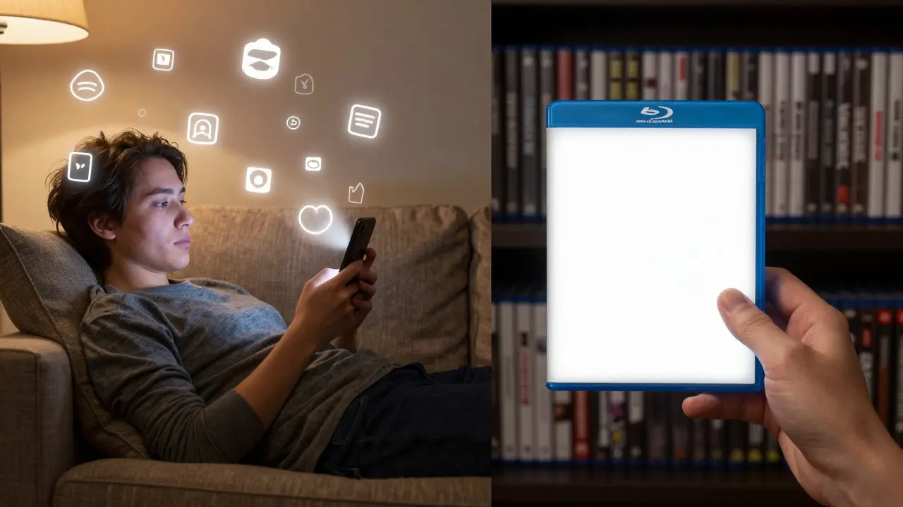 Split image comparing a relaxed streamer with a person holding a physical media disc