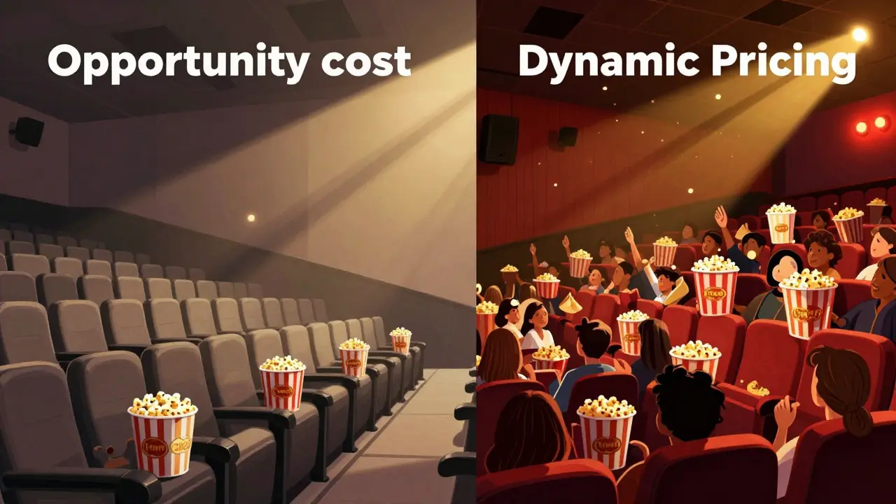 Split image comparing empty daytime theater seats with crowded, profitable evening show