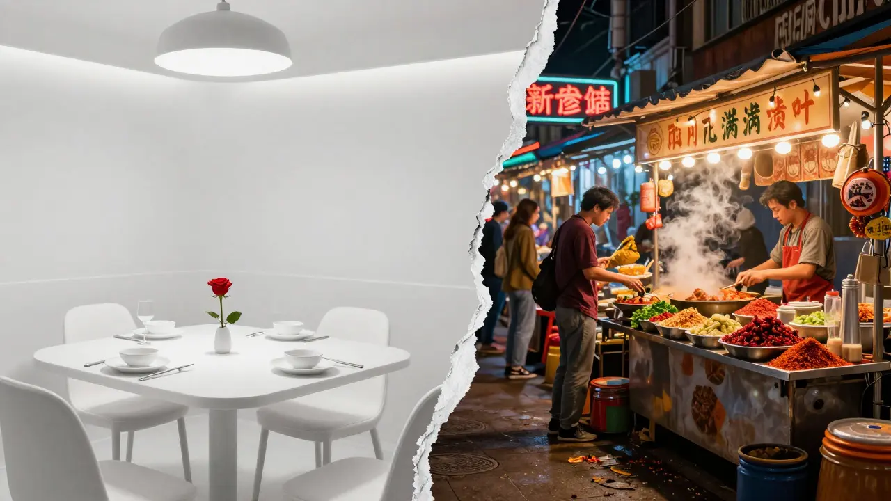 Split image contrasting a fine dining table with a vibrant street food stall at night