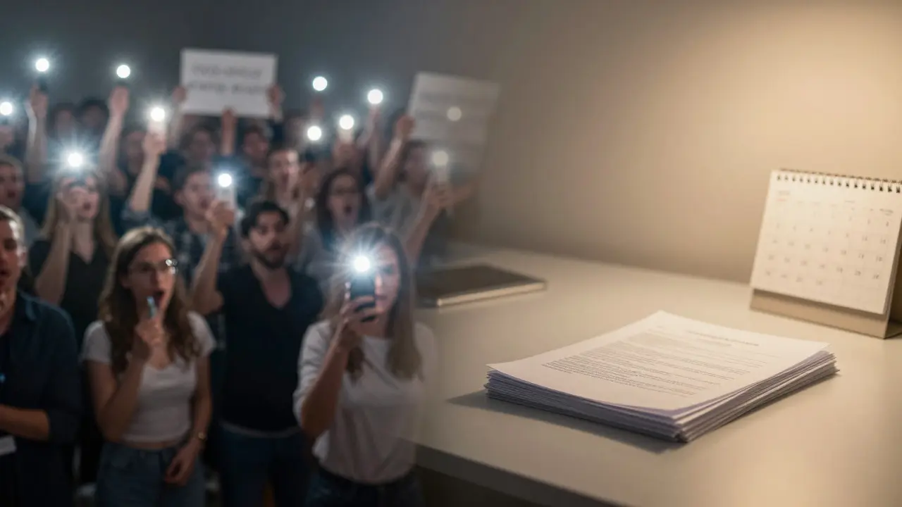 Split image contrasting a noisy fan crowd with a quiet office desk containing contracts