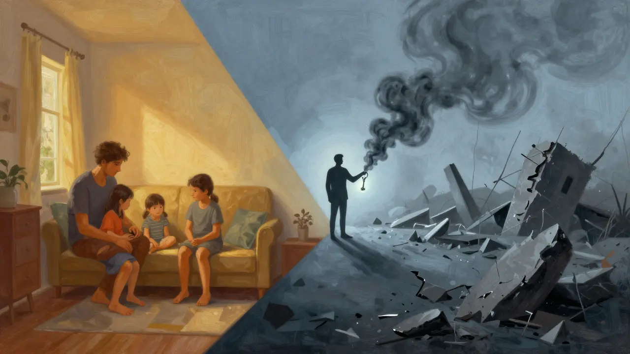 Split image contrasting a warm domestic scene with a cold, chaotic landscape