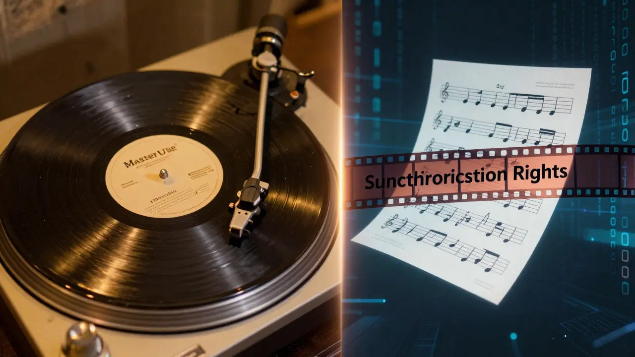Split image of vinyl record and digital sheet music representing music rights