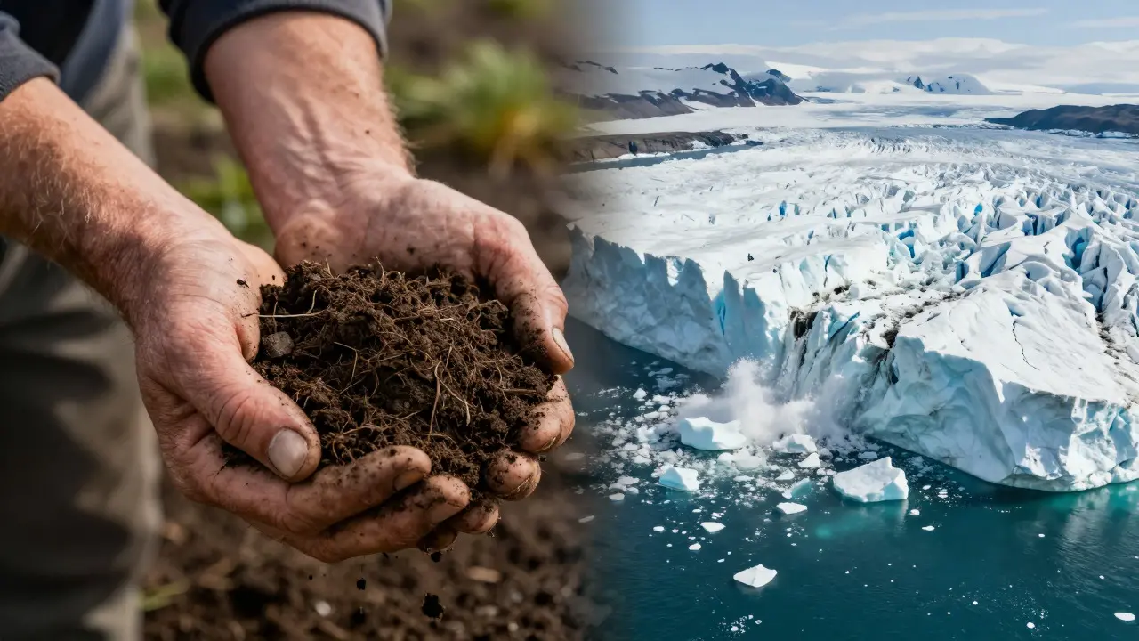 Split image showing a farmer holding soil and an aerial view of melting arctic glaciers