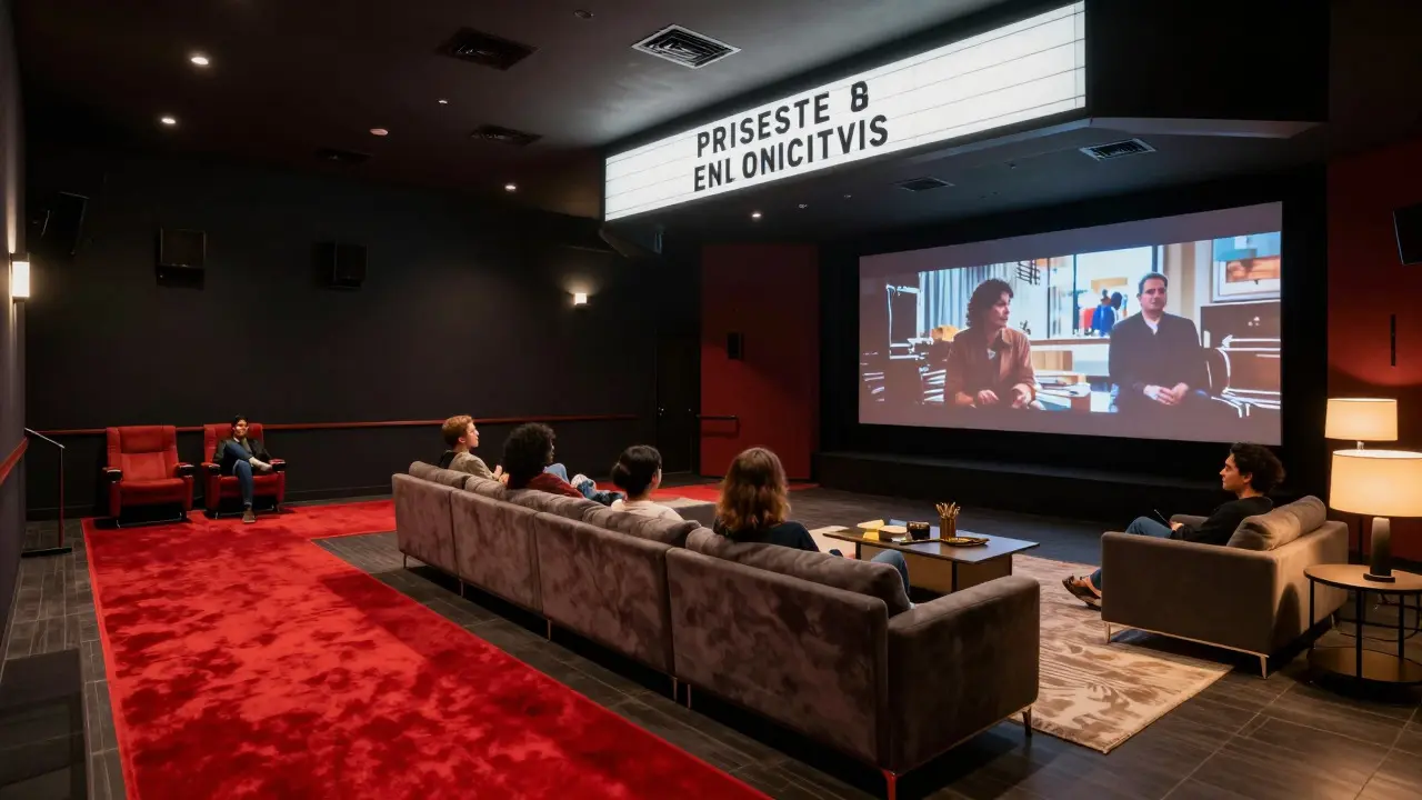 Split image showing a movie theater lobby merging into a home living room